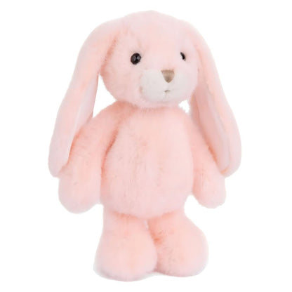 Peach-colored plush rabbit with long ears, cream snout and white paws