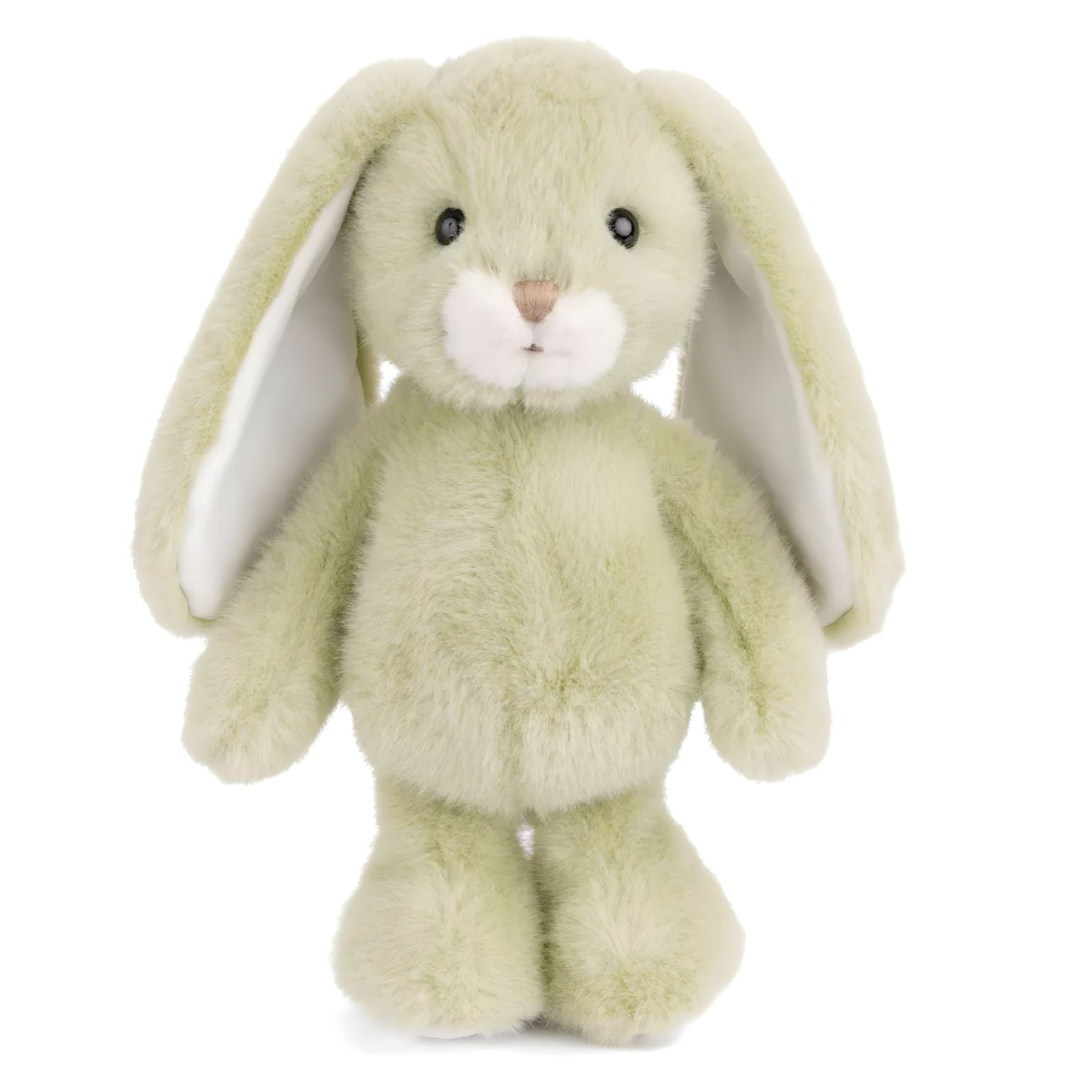 Coelho de peluche verde pálido com orelhas compridas, focinho creme e patas brancas