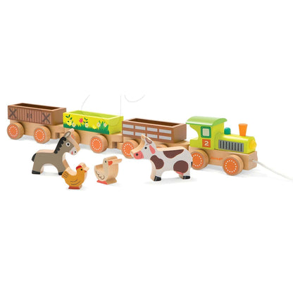 Janod Story Farm wooden train with green locomotive, carriages and farm animals