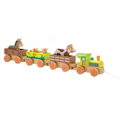 Janod Story Farm wooden train with green locomotive, carriages and farm animals