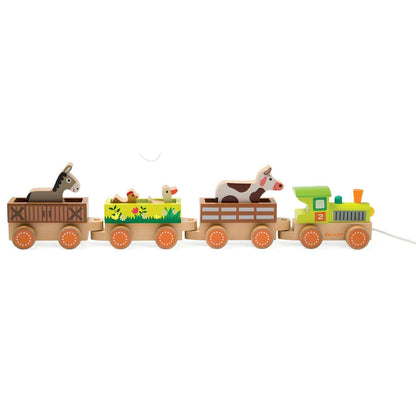 Janod Story Farm wooden train with green locomotive, carriages and farm animals