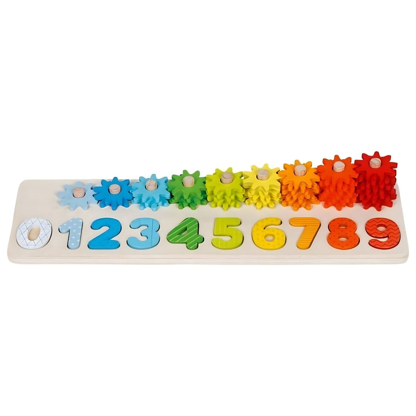 Conjunto Educativo Aprende a Contar Goki com números coloridos e rodas dentadas em sequência arco-íris