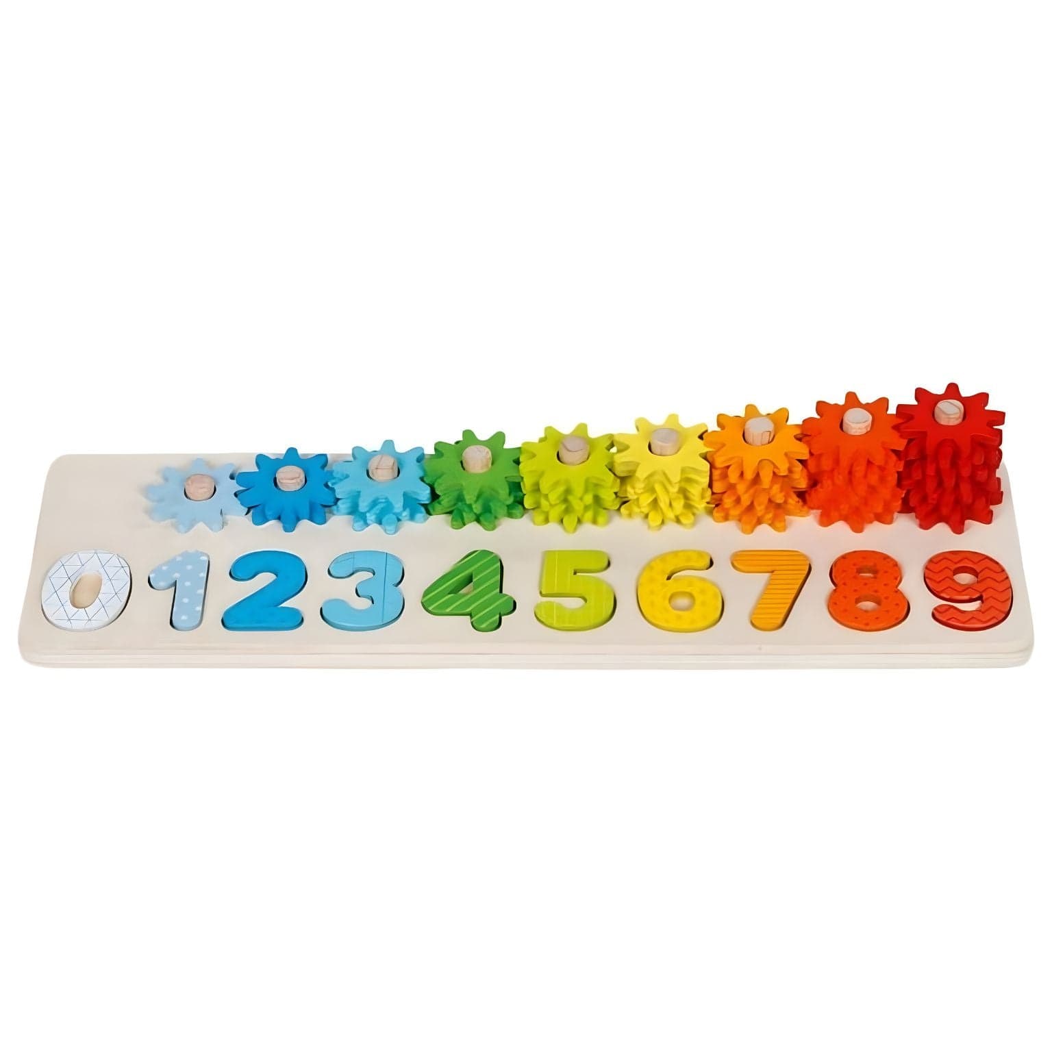 Conjunto Educativo Aprende a Contar Goki com números coloridos e rodas dentadas em sequência arco-íris