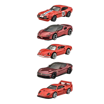 Five Hot Wheels Ferrari cars in a themed set