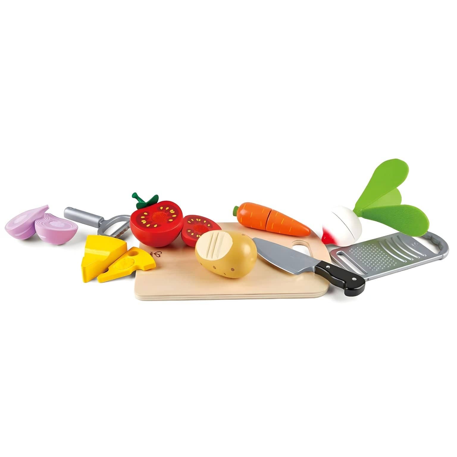 Criança a brincar com conjunto culinária infantil Hape com tábua, legumes e utensílios