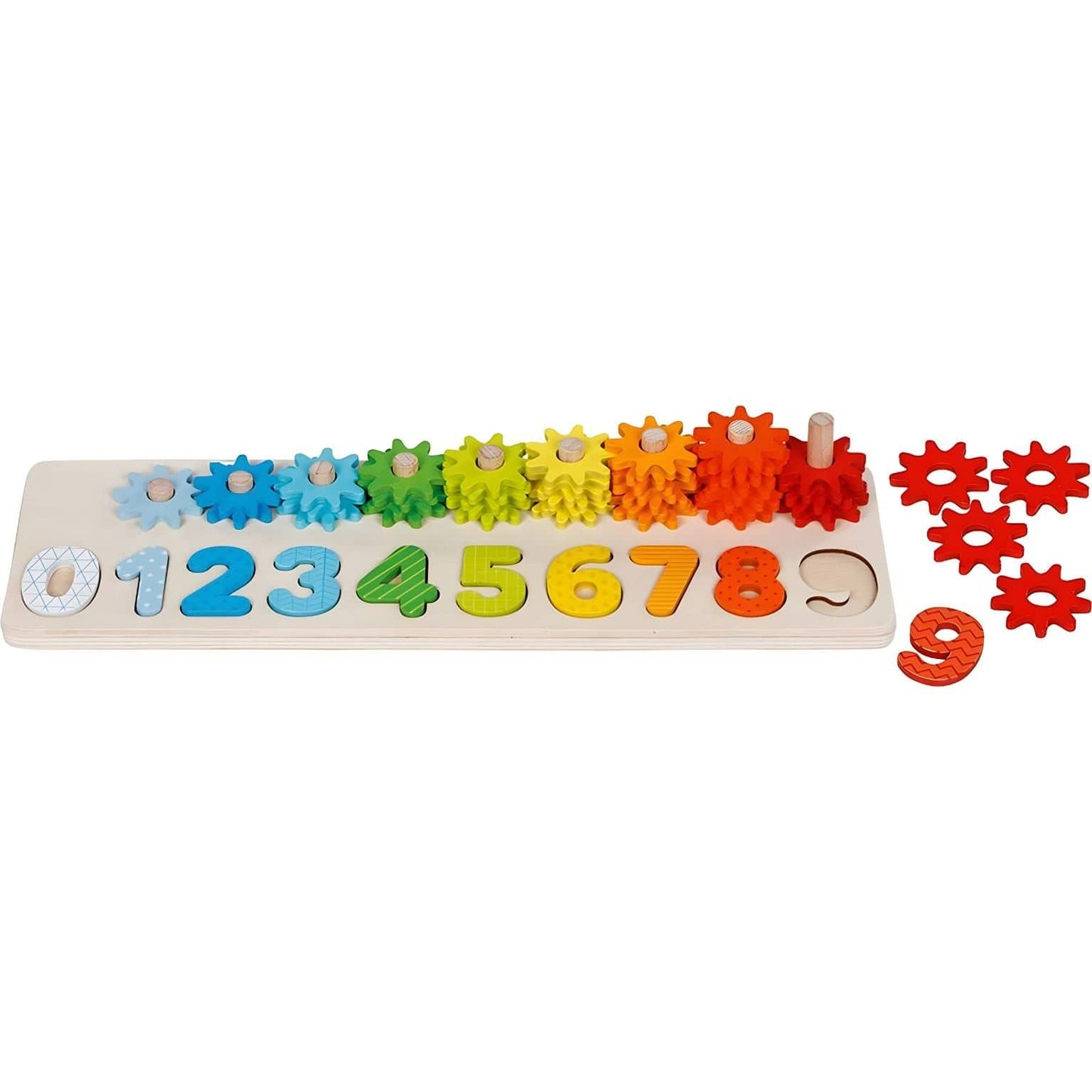Conjunto Educativo Aprende a Contar Goki com números coloridos e rodas dentadas em sequência arco-íris
