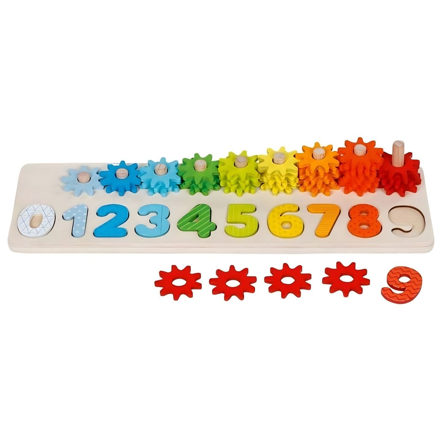 Conjunto Educativo Aprende a Contar Goki com números coloridos e rodas dentadas em sequência arco-íris