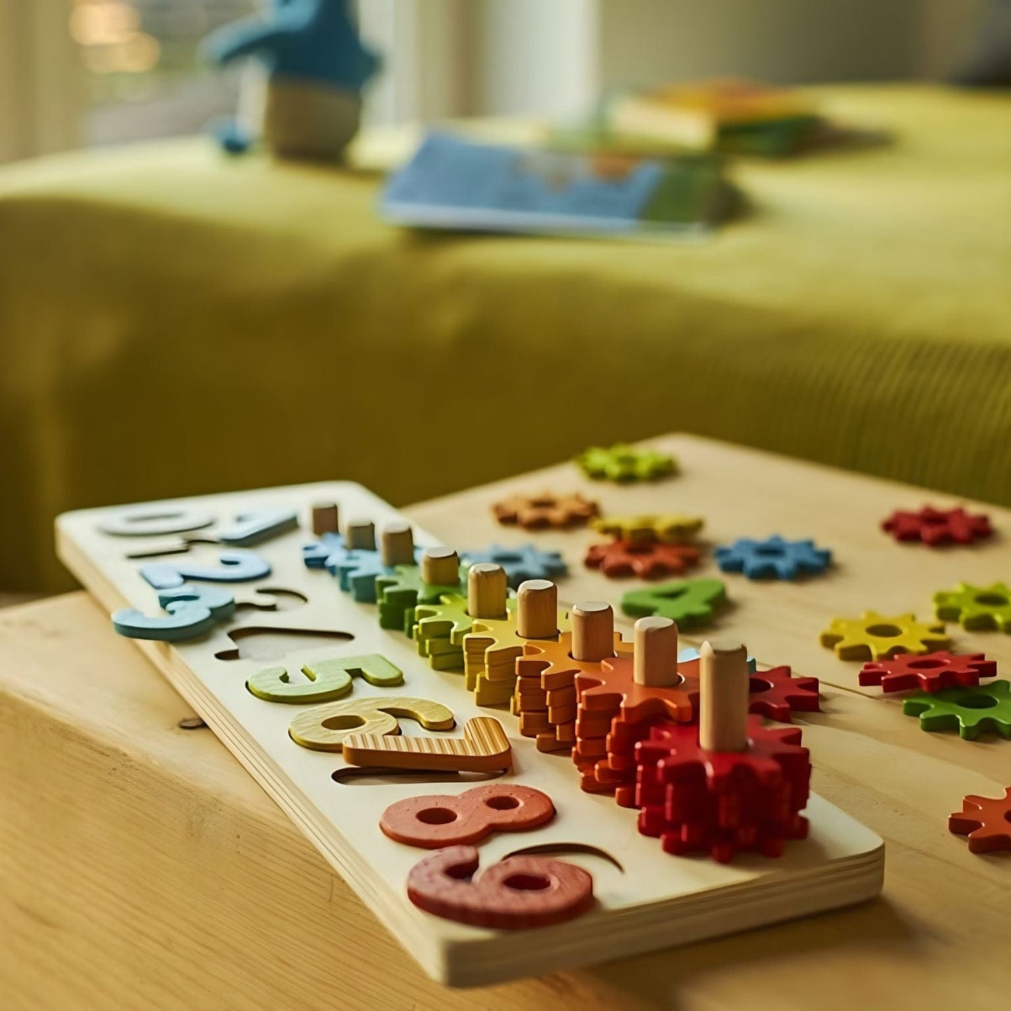 Conjunto Educativo Aprende a Contar Goki com números coloridos e rodas dentadas em sequência arco-íris