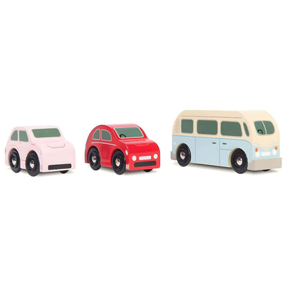 Set of 3 Retro wooden vehicles with a red car, pink car, and blue van in vintage style