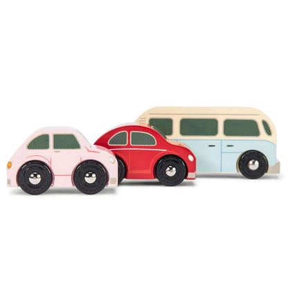 Set of 3 Retro wooden vehicles with a red car, pink car, and blue van in vintage style