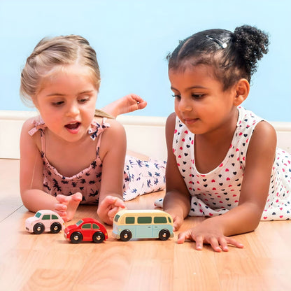 Set of 3 Retro wooden vehicles with a red car, pink car, and blue van in vintage style