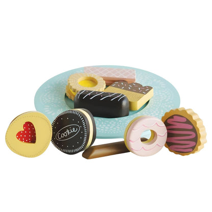 Le Toy Van wooden biscuit set with blue plate and pastel play sweets
