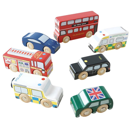 Le Toy Van London wooden car set with city vehicles, bus, taxi, police, ambulance, fire engine