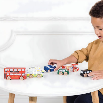 Le Toy Van London wooden car set with city vehicles, bus, taxi, police, ambulance, fire engine