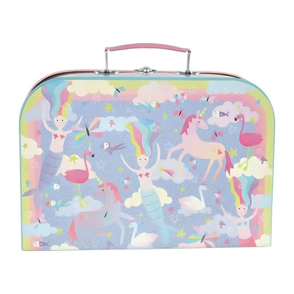 Children playing with a Musical Fantasy Tea Set in a colorful suitcase with unicorns and mermaids