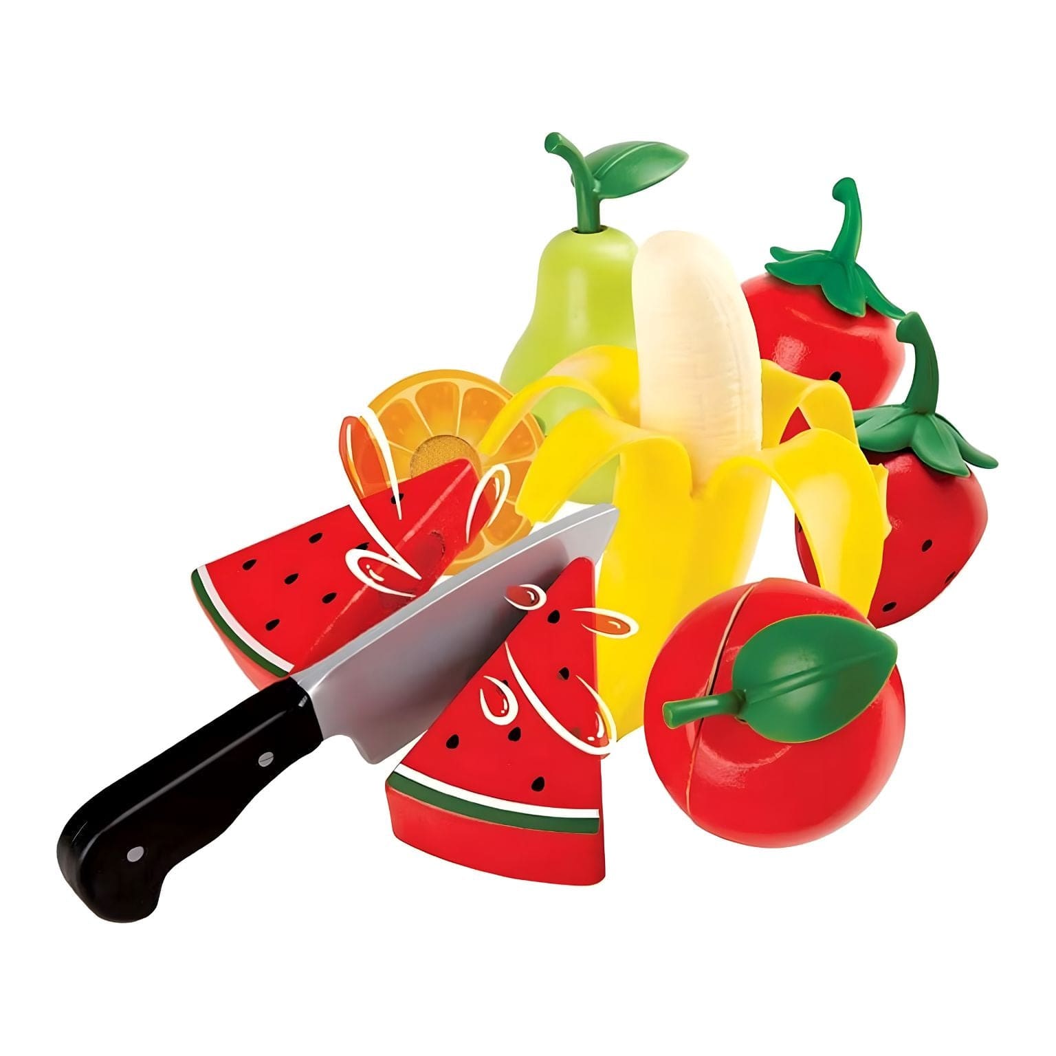 Conjunto de Fruta em madeira Hape com banana, maçã, pera, morangos, melancia e faca de brincar