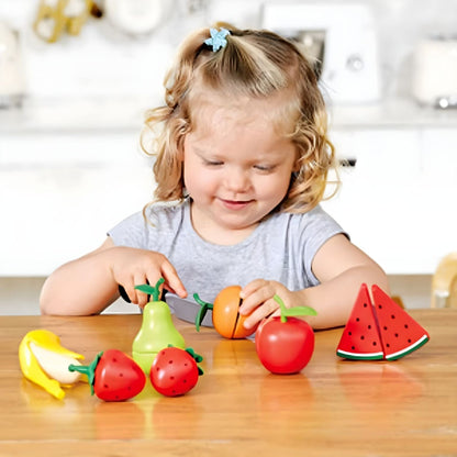 Hape wooden fruit set with banana, apple, pear, strawberries, watermelon, and play knife