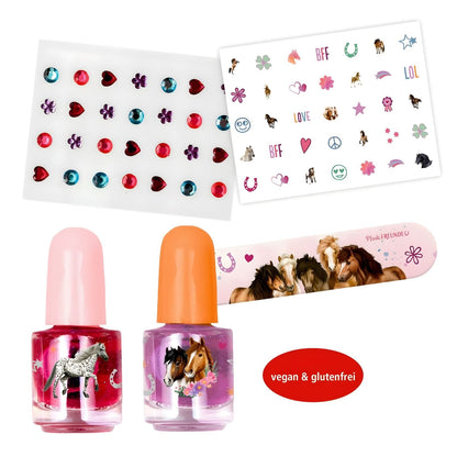 Horse Friends Nail Set with colorful polishes, stickers, and glitter for children