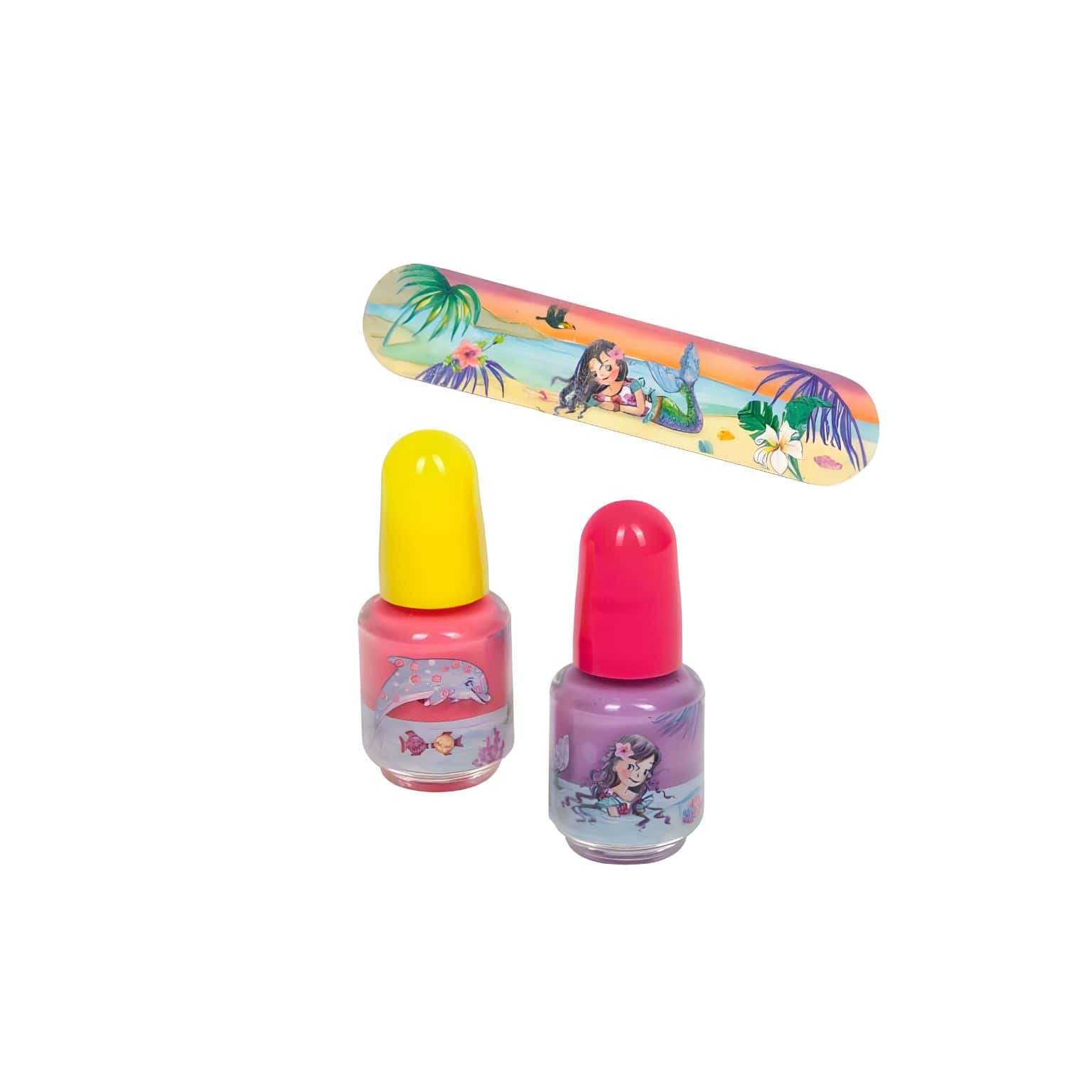 Conjunto de Unhas Nella Nixe com vernizes coloridos, autocolantes e lima de sereia