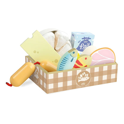 Child playing with Vilac wooden food set with play food and milk carton