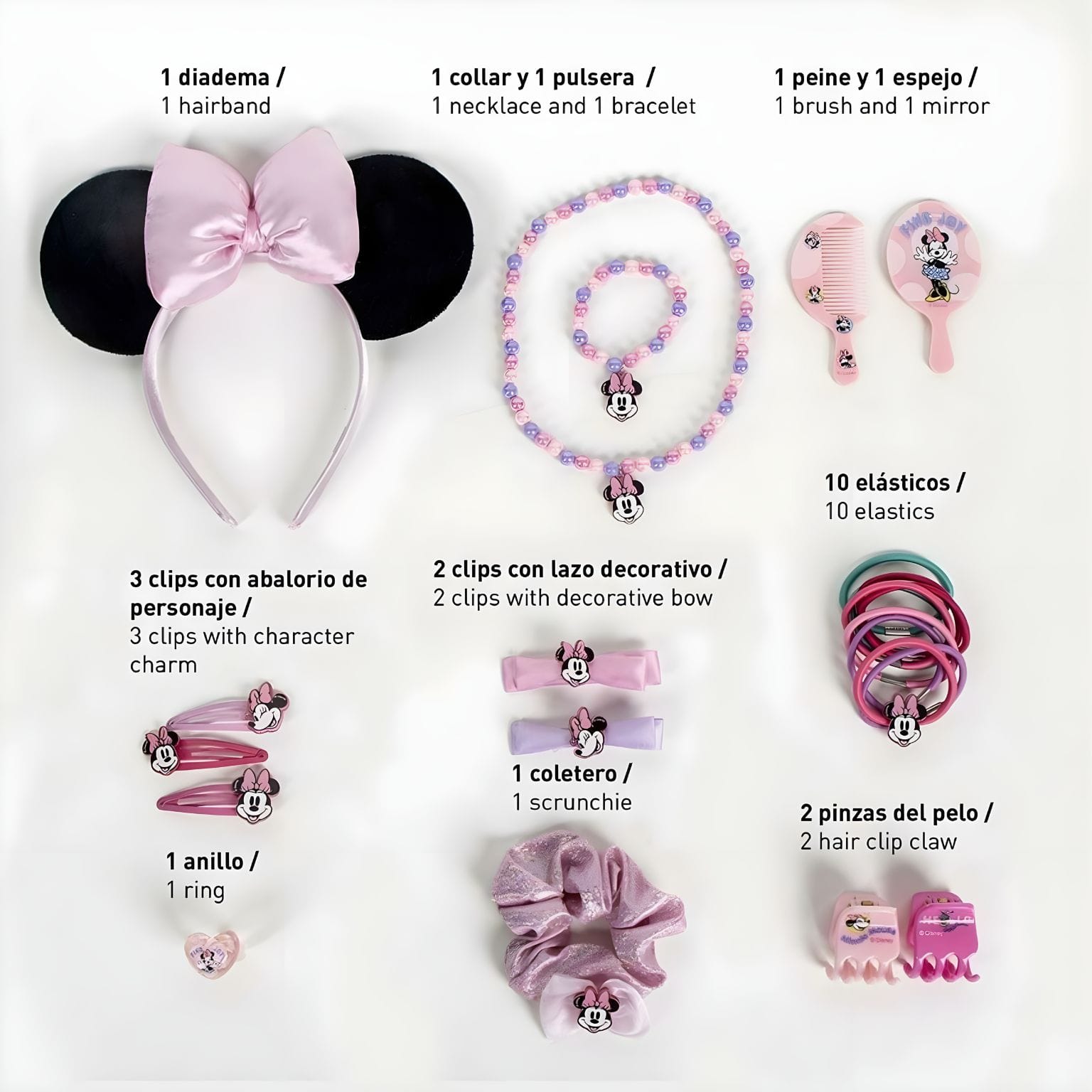 Conjunto de beleza da Minnie Mouse Cerdá com tiara rosa, colar, pulseira, pente, espelho e acessórios de cabelo
