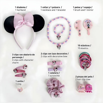 Minnie Mouse Cerdá beauty set with pink tiara, necklace, bracelet, comb, mirror and hair accessories