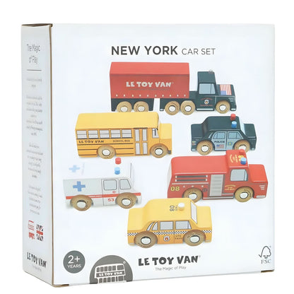 New York wooden car set with taxi, school bus, police car, ambulance, fire engine, and truck