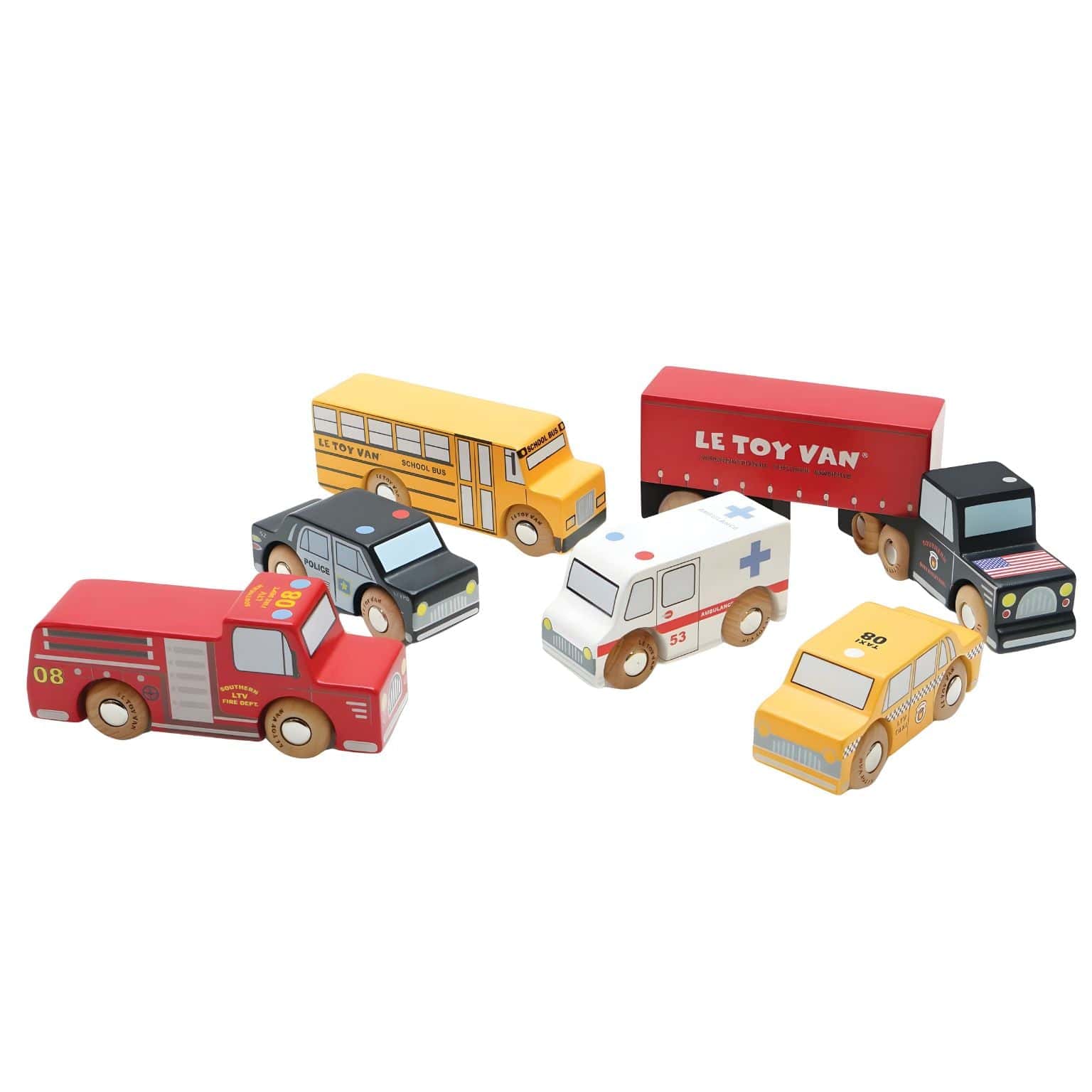 Conjunto de carros de madeira Nova Iorque com táxi, autocarro escolar, polícia, ambulância, bombeiros e camião