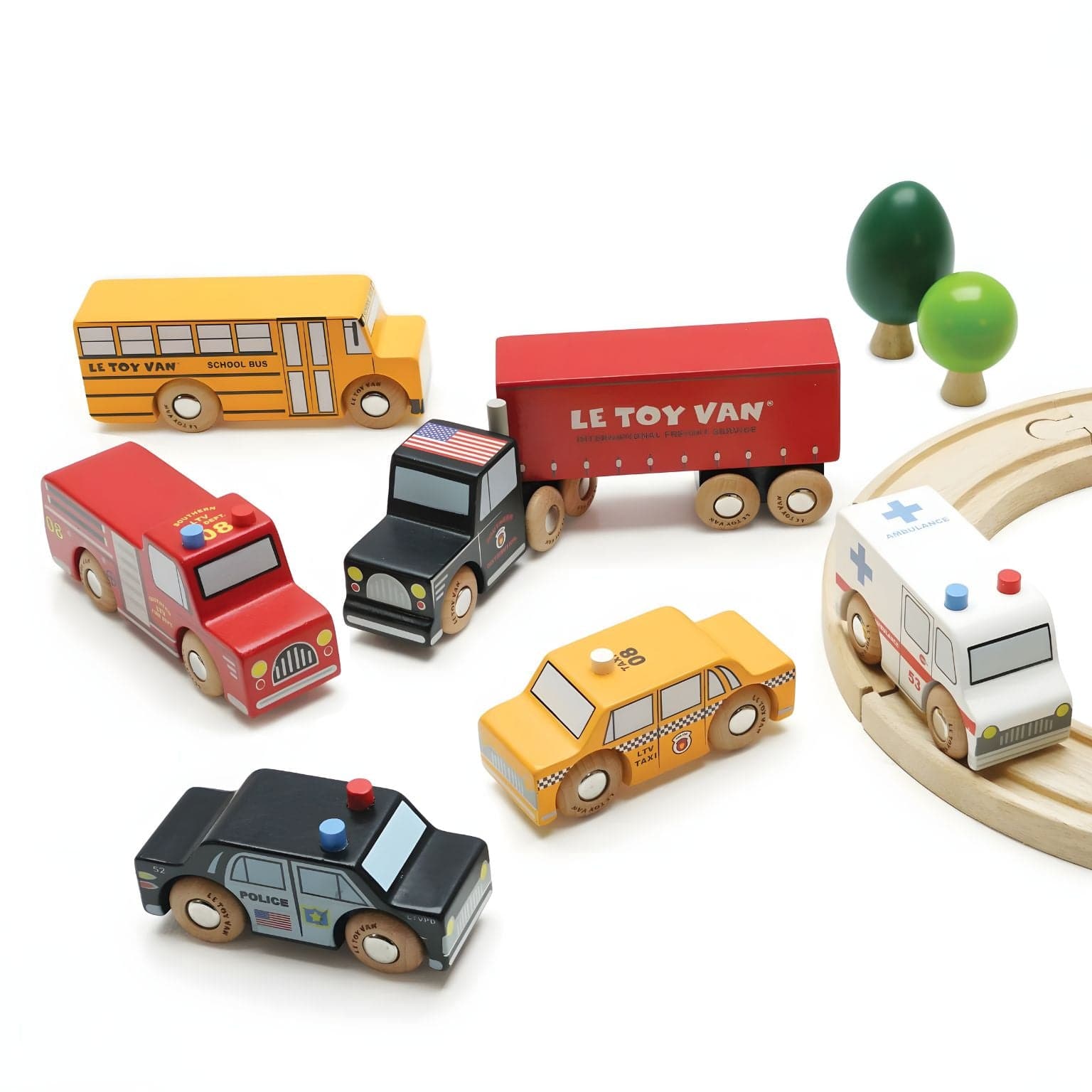 Conjunto de carros de madeira Nova Iorque com táxi, autocarro escolar, polícia, ambulância, bombeiros e camião