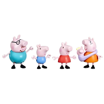 Peppa Pig family figures: Daddy Pig, George, Peppa, Mummy Pig and Baby Evie in her carrier