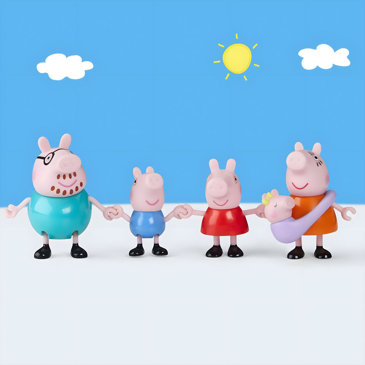 Peppa Pig Family of Five with Baby Evie figure set against a blue background