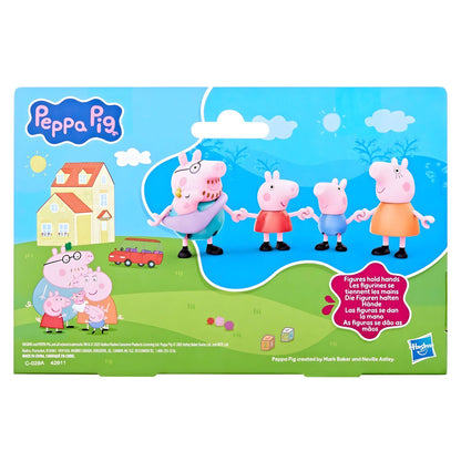Peppa Pig Family of Five with Baby Evie set against a blue and green background