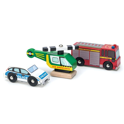 Le Toy Van wooden emergency vehicle set with helicopter, police car, and fire truck