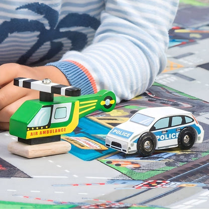 Le Toy Van wooden emergency vehicle set with helicopter, police car, and fire truck