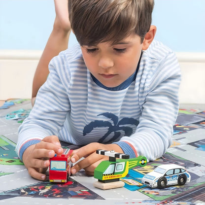 Le Toy Van wooden emergency vehicle set with helicopter, police car, and fire truck