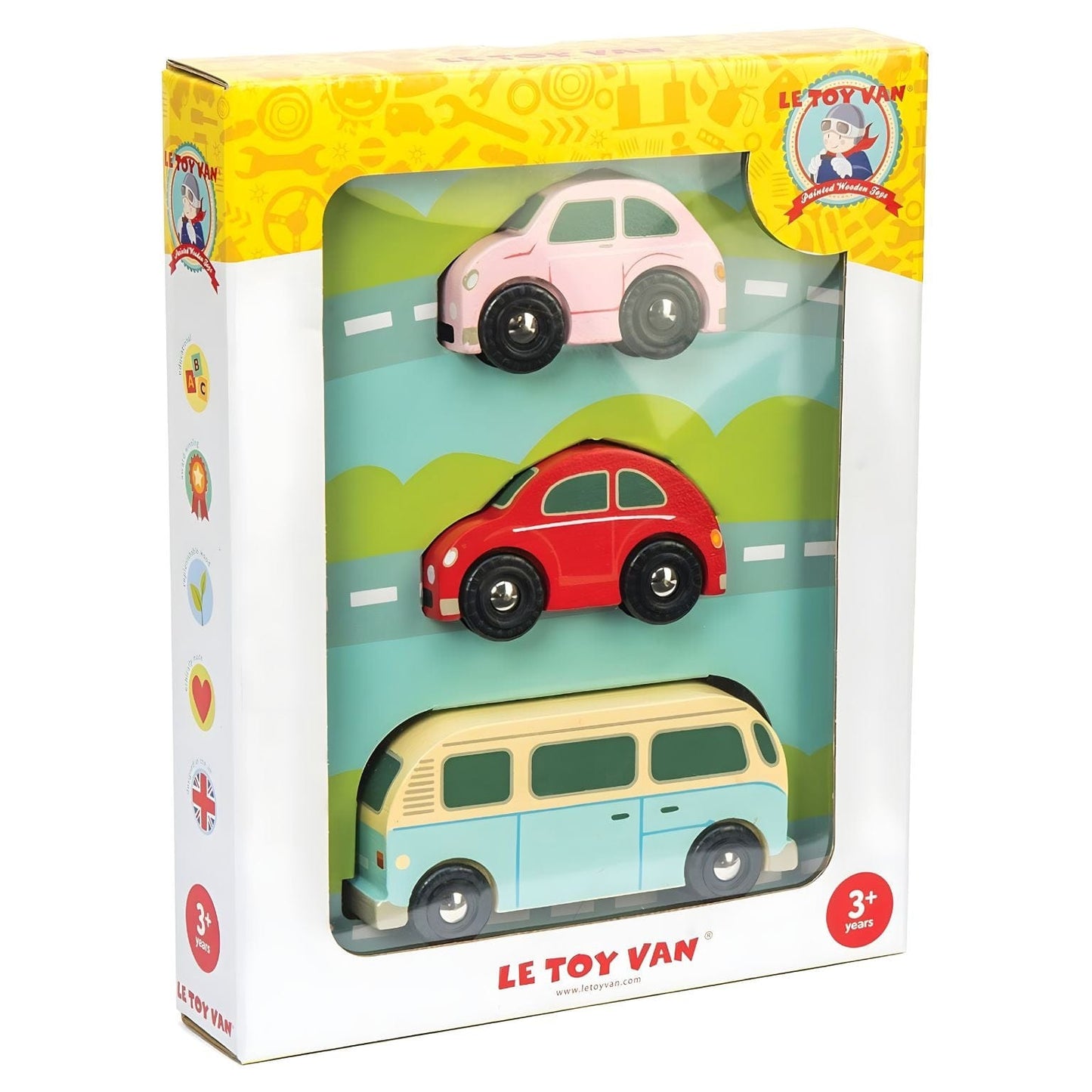 Conjunto de 3 veículos de madeira Retro com carro vermelho, carro rosa e carrinha azul em estilo vintage