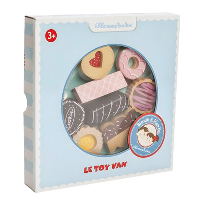 Le Toy Van wooden biscuit set with blue plate and pastel play sweets