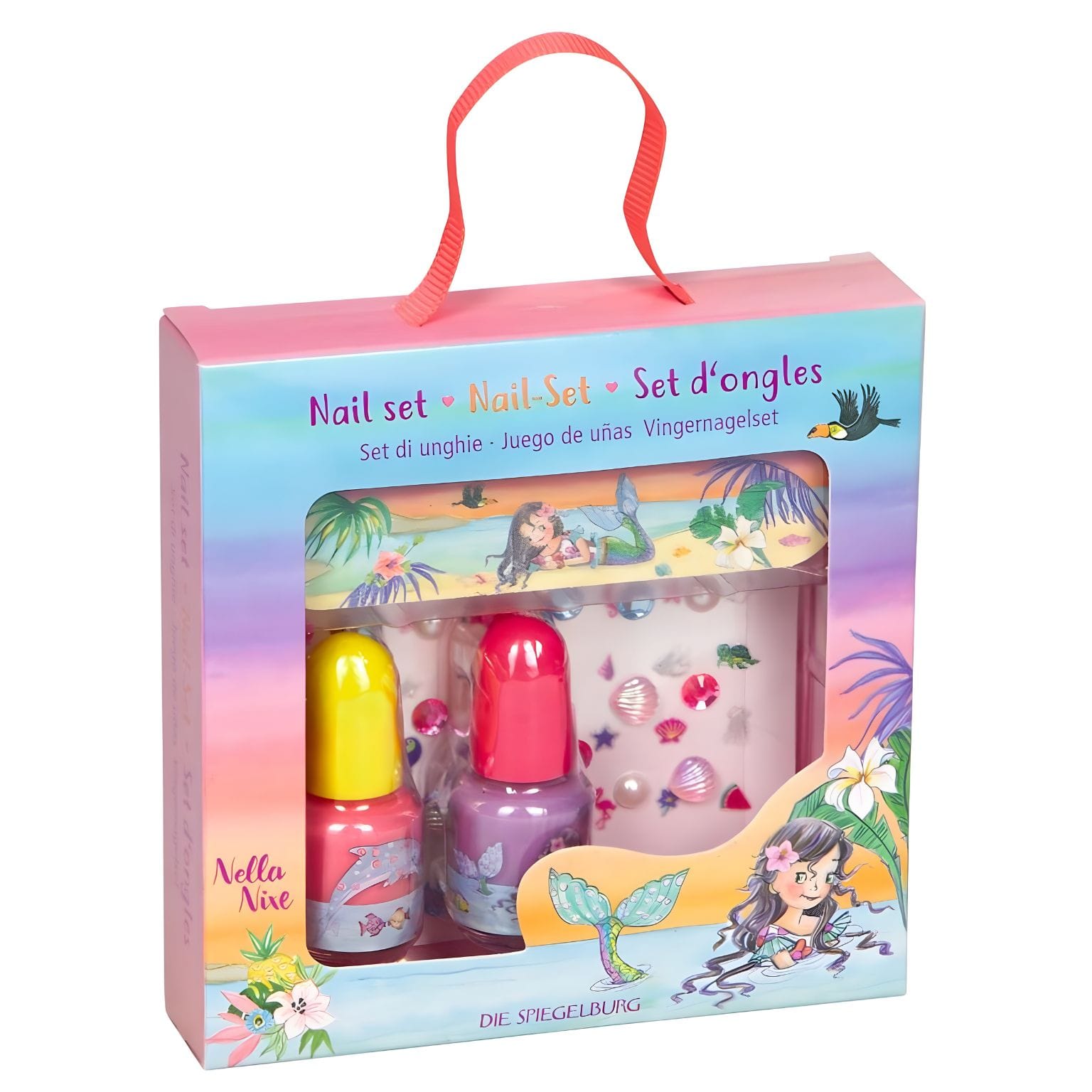 Conjunto de Unhas Nella Nixe com vernizes coloridos, autocolantes e lima de sereia