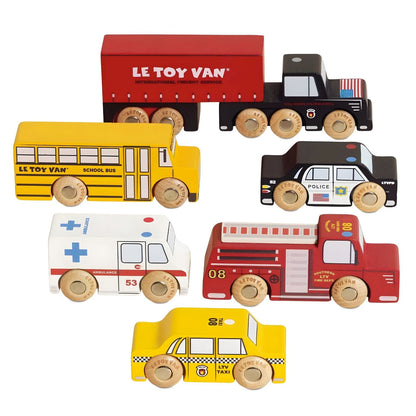 New York wooden car set with taxi, school bus, police car, ambulance, fire engine, and truck