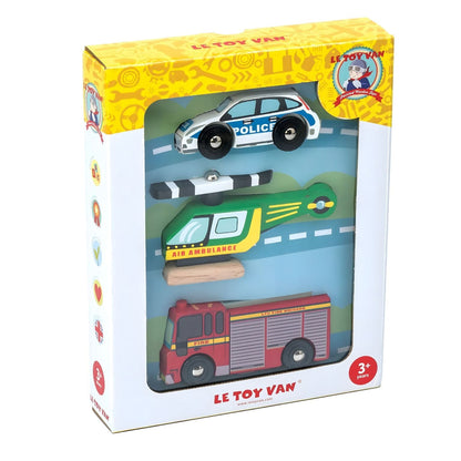 Le Toy Van wooden emergency vehicle set with helicopter, police car, and fire truck