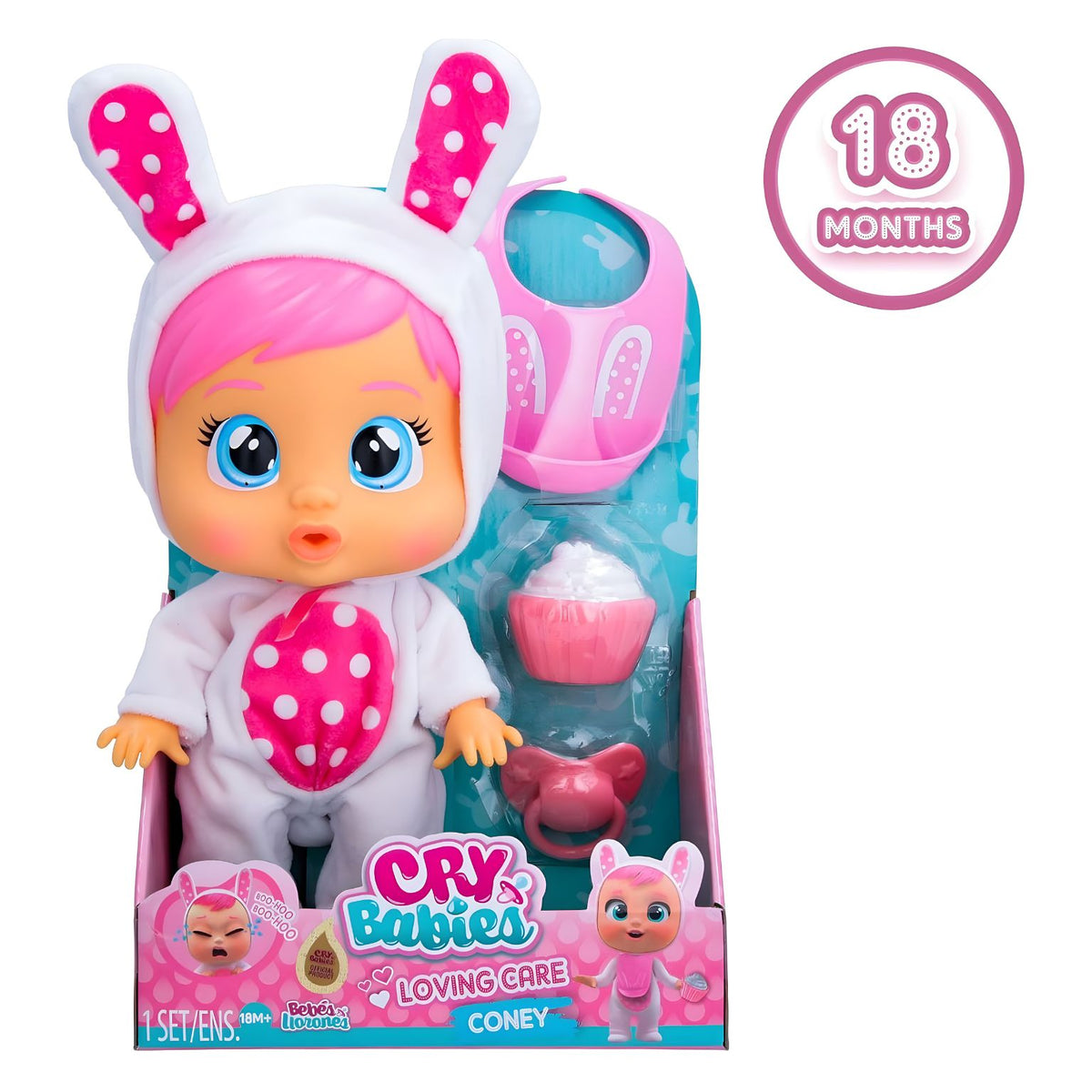 Boneca Cry Babies Loving Care Coney com visual de coelhinha rosa e branco