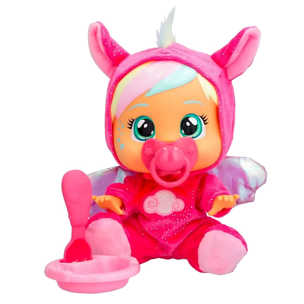 Boneca Cry Babies Fantasy Hannah com chupeta e acessórios de cuidar