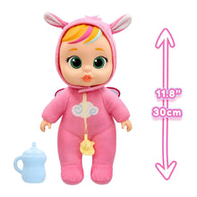 Boneca Cry Babies Hannah de 30 cm com fato rosa e biberão