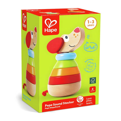 Hape Rainbow Pepe Stacker with colorful rings and dog head