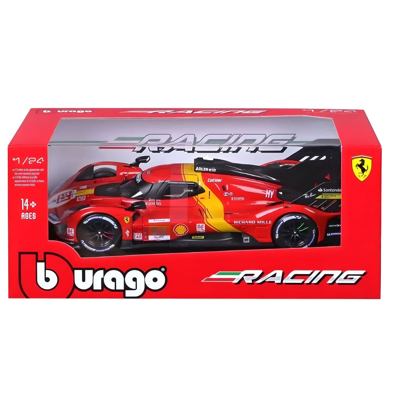 Ferrari 499P Winner 24H Le Mans 2023 Bburago em vermelho vista lateral e frontal