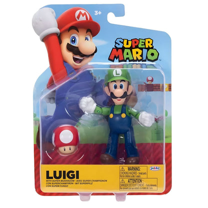 Super Mario Luigi figure with green cap, blue suit, and red super mushroom