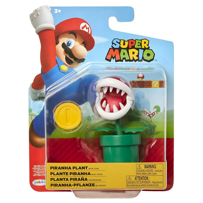 Super Mario Piranha Plant figure with green pipe, red head with white spots and yellow coin
