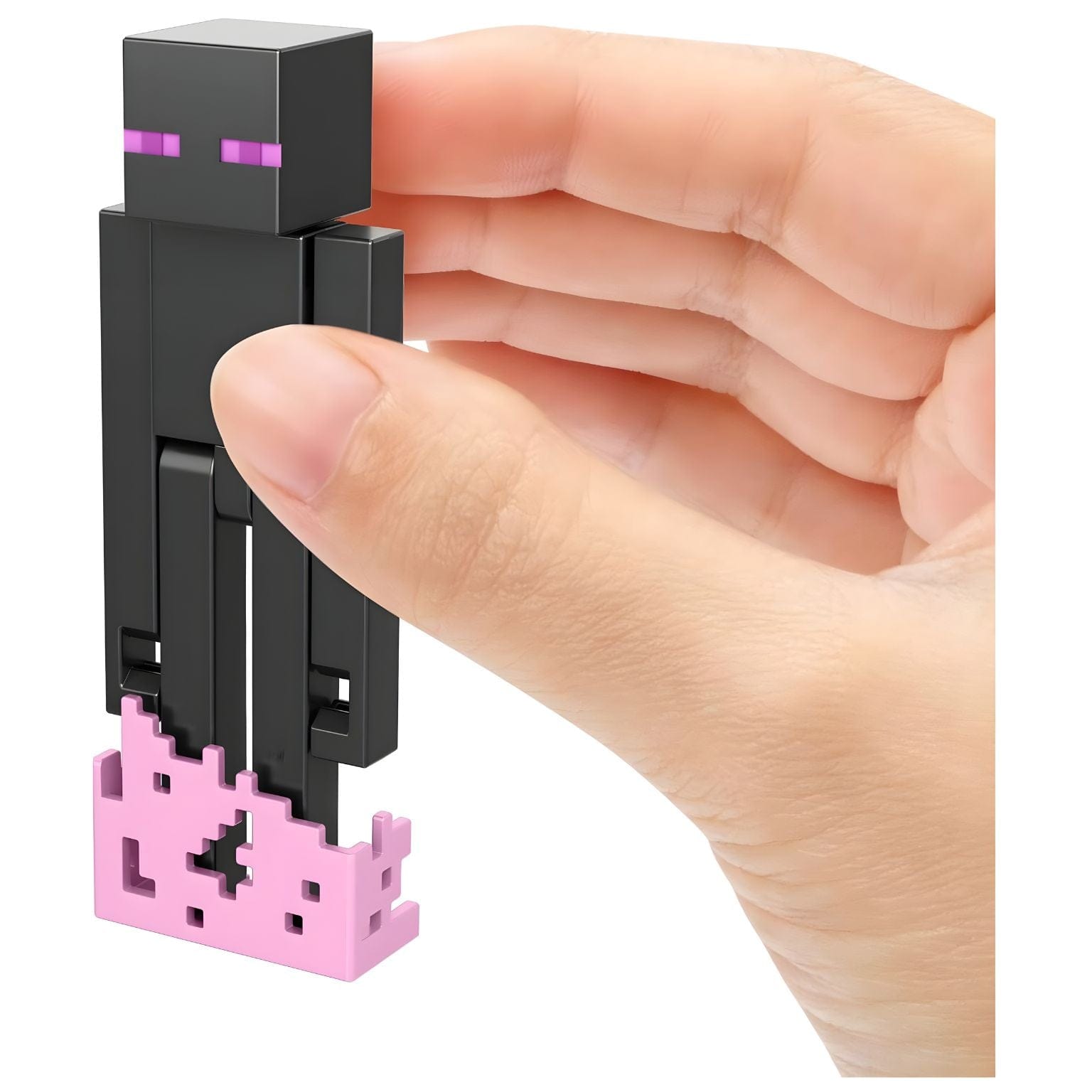 Figura Minecraft Enderman preta com olhos roxos, acessórios pérola do Ender, bloco de relva e base rosa