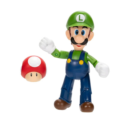 Super Mario Luigi figure with green cap, blue suit, and red super mushroom