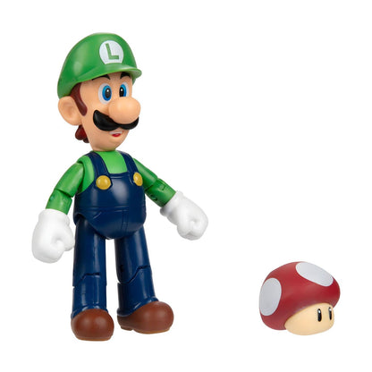 Super Mario Luigi figure with green cap, blue suit, and red super mushroom